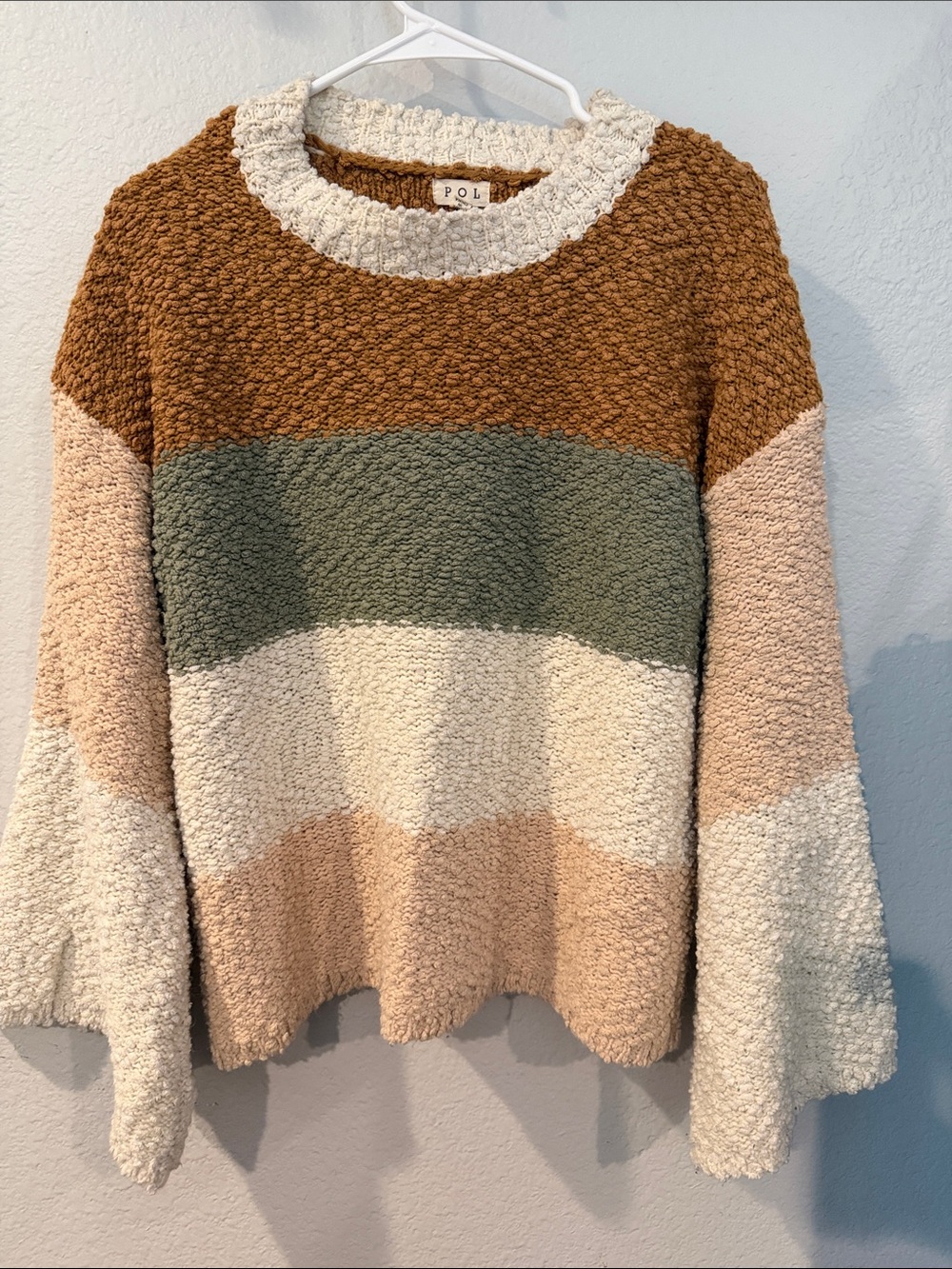 POL Striped Bouclé Crew Sweater in Brown, Green, Cream